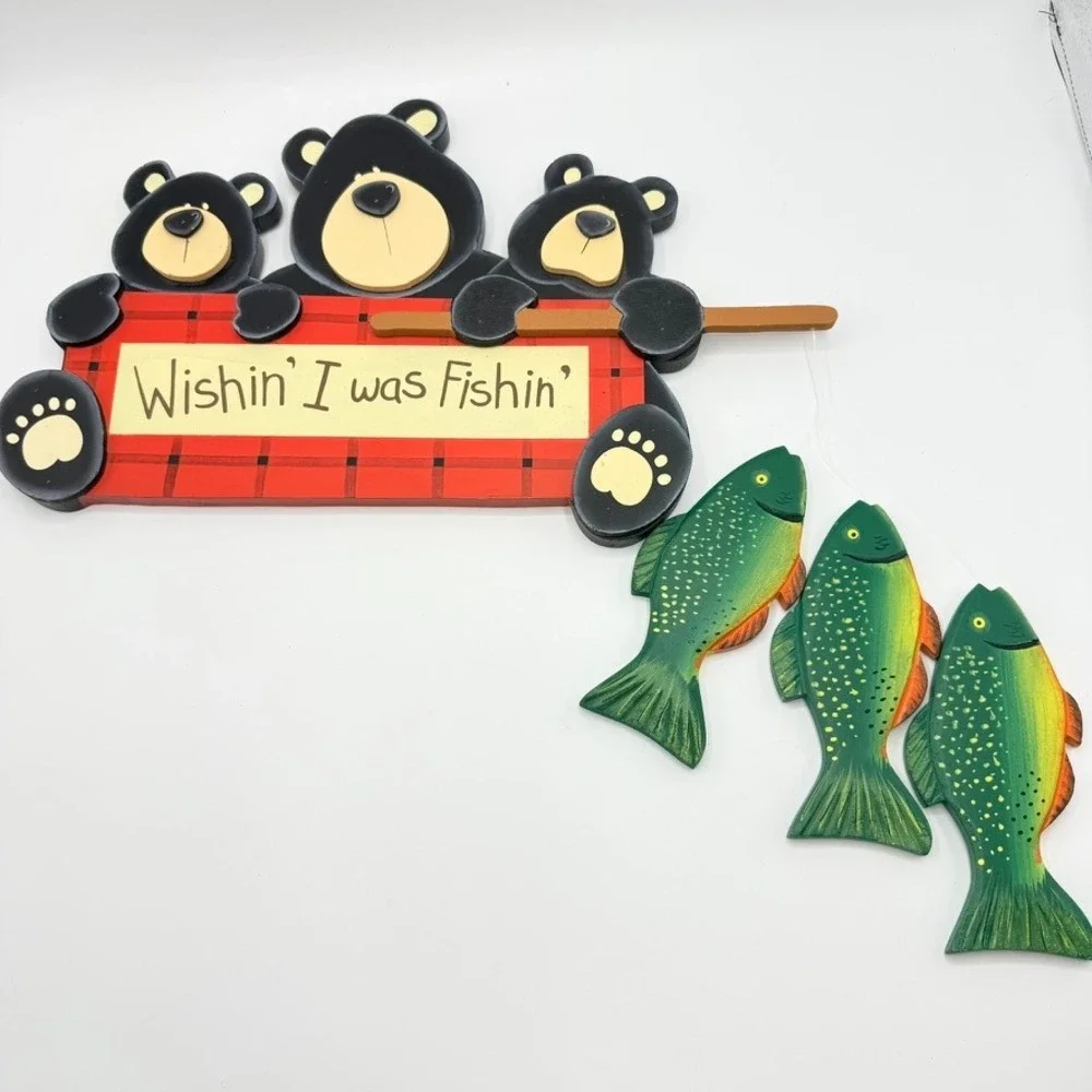 Rustic Wood Black Bear Fishing Wall Decor Wishin I was Fishin Cabin Lodge Sign
